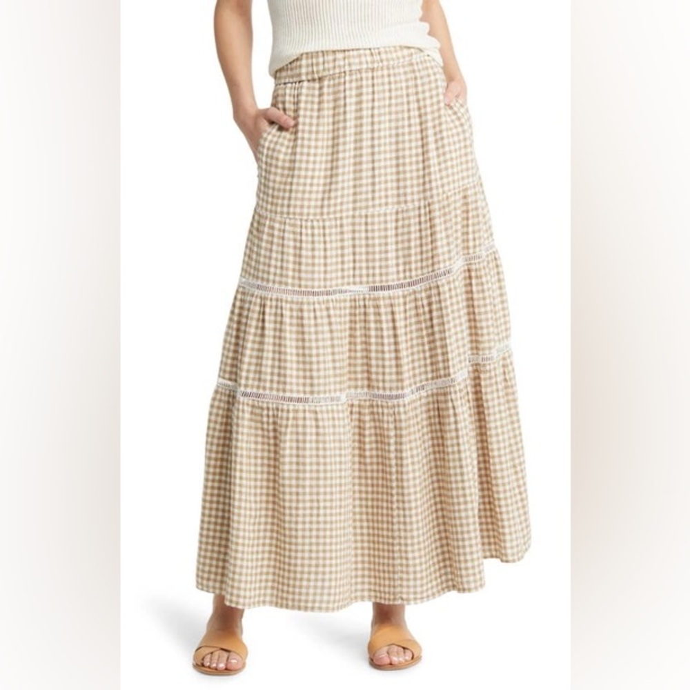 MADEWELL Gingham Tiered Linen Blend
Maxi Skirt In Brown
